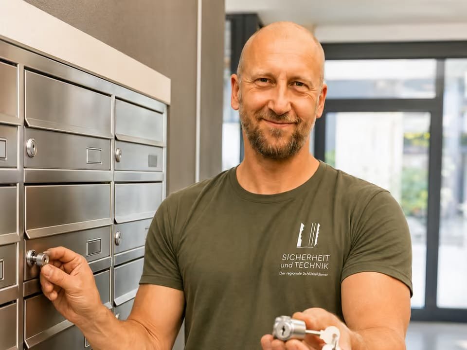 Thomas Heuberger an einer Briefkastenanlage mit Zylinder und Schlüssel in der Hand