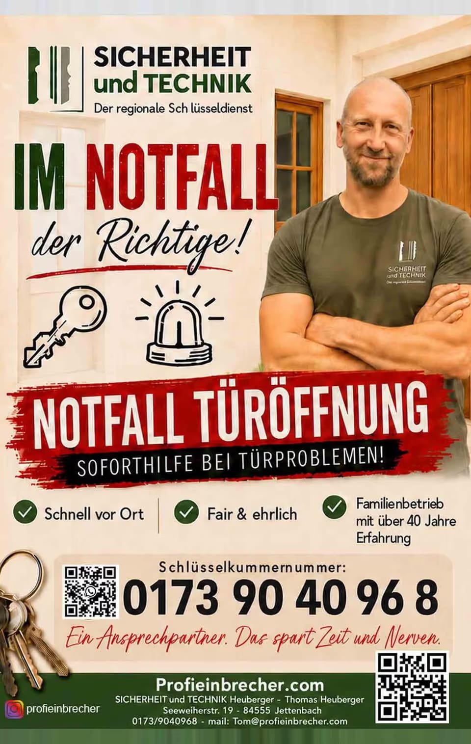 Flyer mit der Aufschrift Im Notfall der Richtige, Notfall Türöffnung, Soforthilfe bei Türproblemen