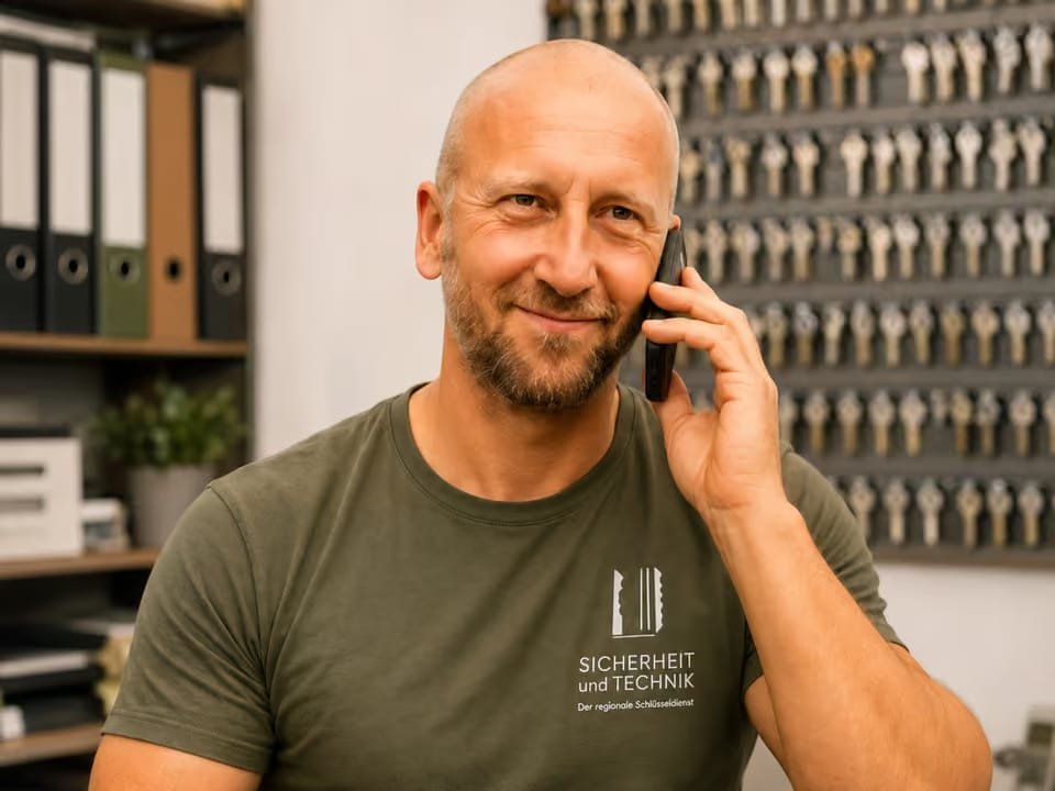 Thomas Heuberger telefoniert in seiner Werkstatt, im Hintergrund ein Schlüsselbrett mit Rohlingen
