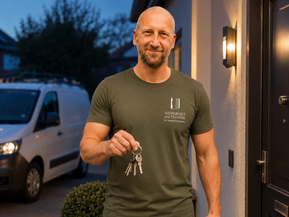 Thomas Heuberger steht abends mit Schlüsselbund und Werkzeugkoffer vor einer Haustür, dahinter sein Einsatzfahrzeug